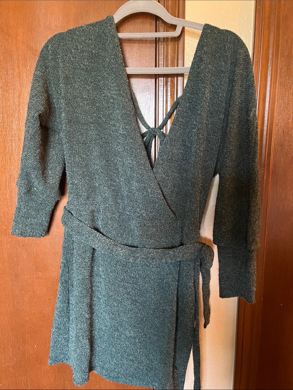 Textured Wrap Mini Dress with Back Tie in Forest Green